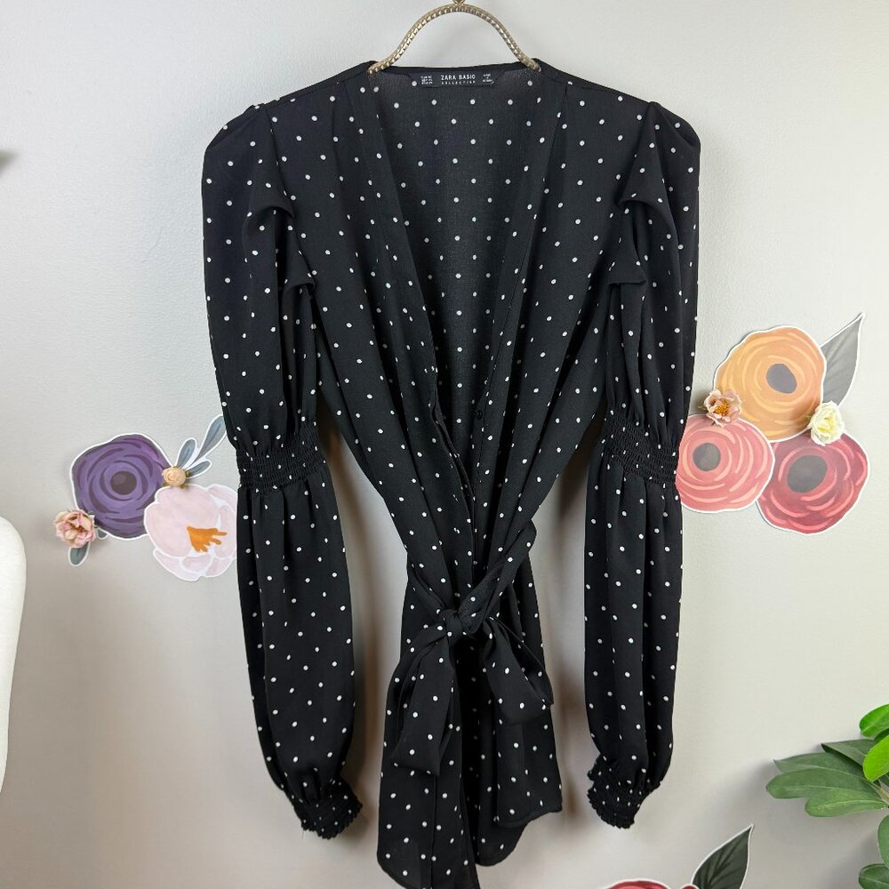 Zara Basic Black Polka Dot Tied Waist Blouse - Size - XS